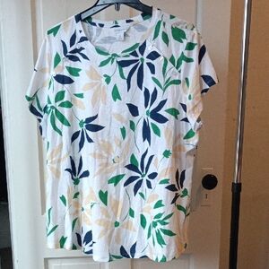 Liz Claiborne Leaf Print Short Sleeve Tee - White, Green, Navy, Tan
